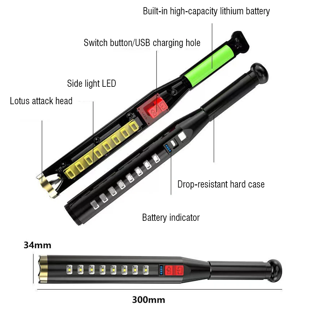 BORUIT beyzbol sopası kendini savunma LED el feneri USB şarj edilebilir su geçirmez Torch güçlü güvenlik Anti isyan ekipmanları lamba
