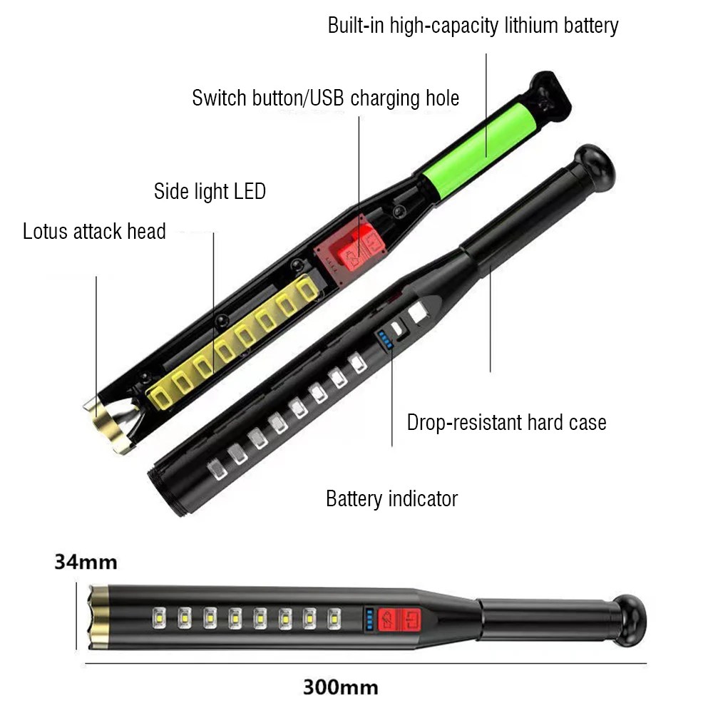 BORUIT beyzbol sopası kendini savunma LED el feneri USB şarj edilebilir su geçirmez Torch güçlü güvenlik Anti isyan ekipmanları lamba - Görsel 6