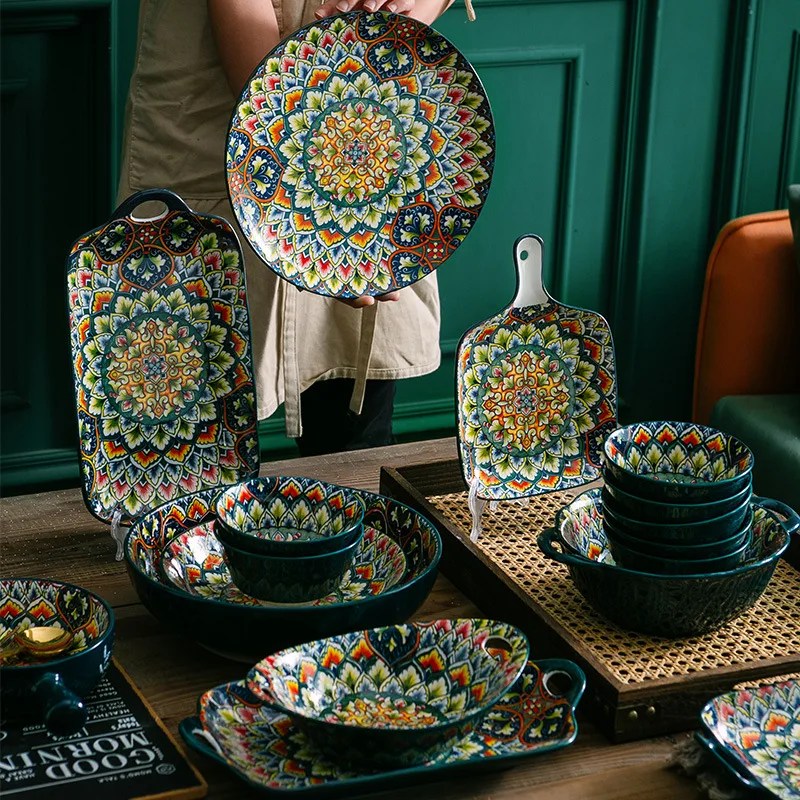 Bohemian seramik kaseler yemekleri sofra çanak yemek masası seti çorba kasesi yemek takımı tabaklar ve tabak ve yemek takımları takım plaka seti