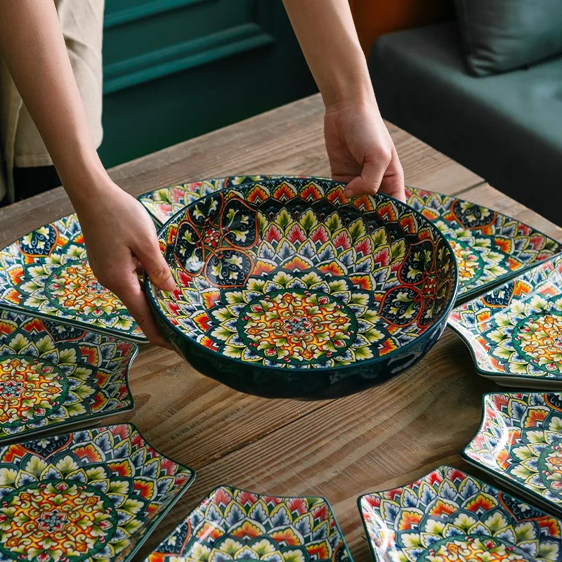 Bohemian seramik kaseler yemekleri sofra çanak yemek masası seti çorba kasesi yemek takımı tabaklar ve tabak ve yemek takımları takım plaka seti - Görsel 2