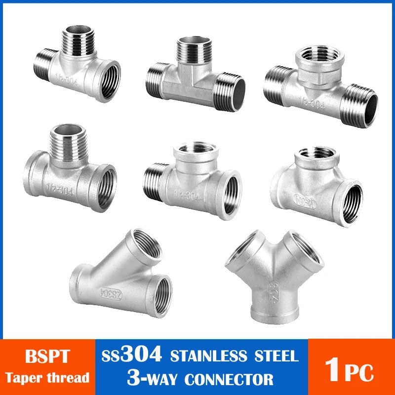 DN6/DN8/DN15/DN25 erkek + erkek + dişi dişli 3 yollu Tee T boru tesisat 1/4 "1/2" 3/4 "1" 1-1/4 "BSP dişli 304 paslanmaz çelik