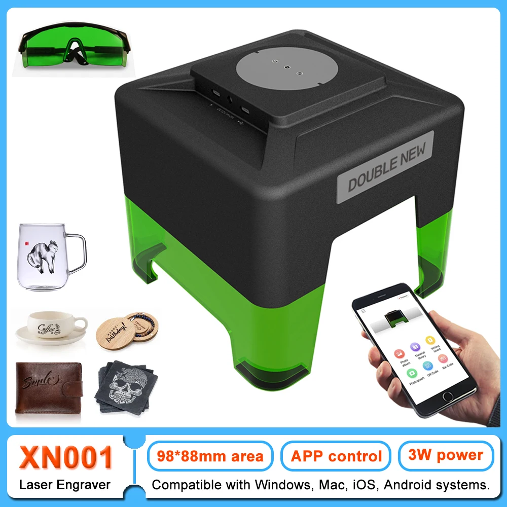 DOUBLENEW lazer oyma makinesi taşınabilir kablosuz gravür ve kesici 98*88mm alan 3W CNC makinesi DIY ahşap/cam/seramik/Pet etiketi