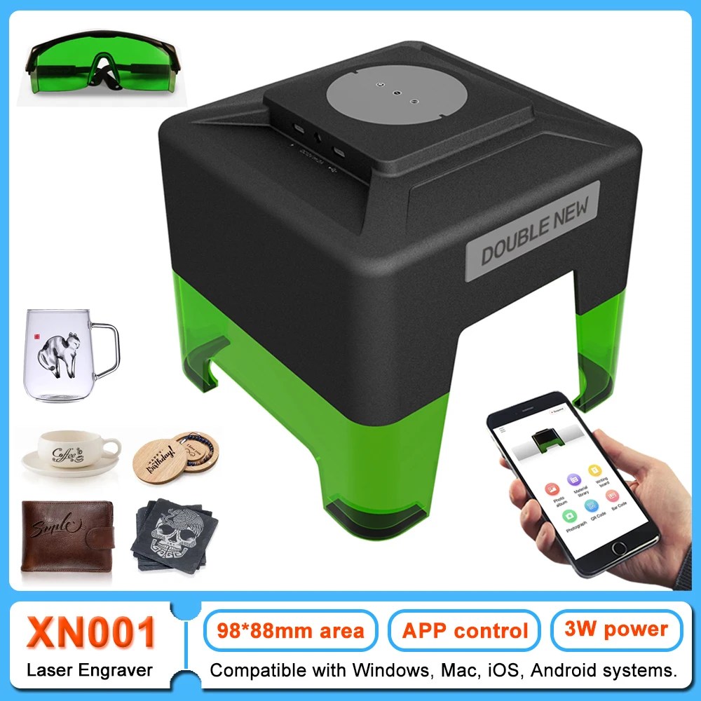 DOUBLENEW lazer oyma makinesi taşınabilir kablosuz gravür ve kesici 98*88mm alan 3W CNC makinesi DIY ahşap/cam/seramik/Pet etiketi