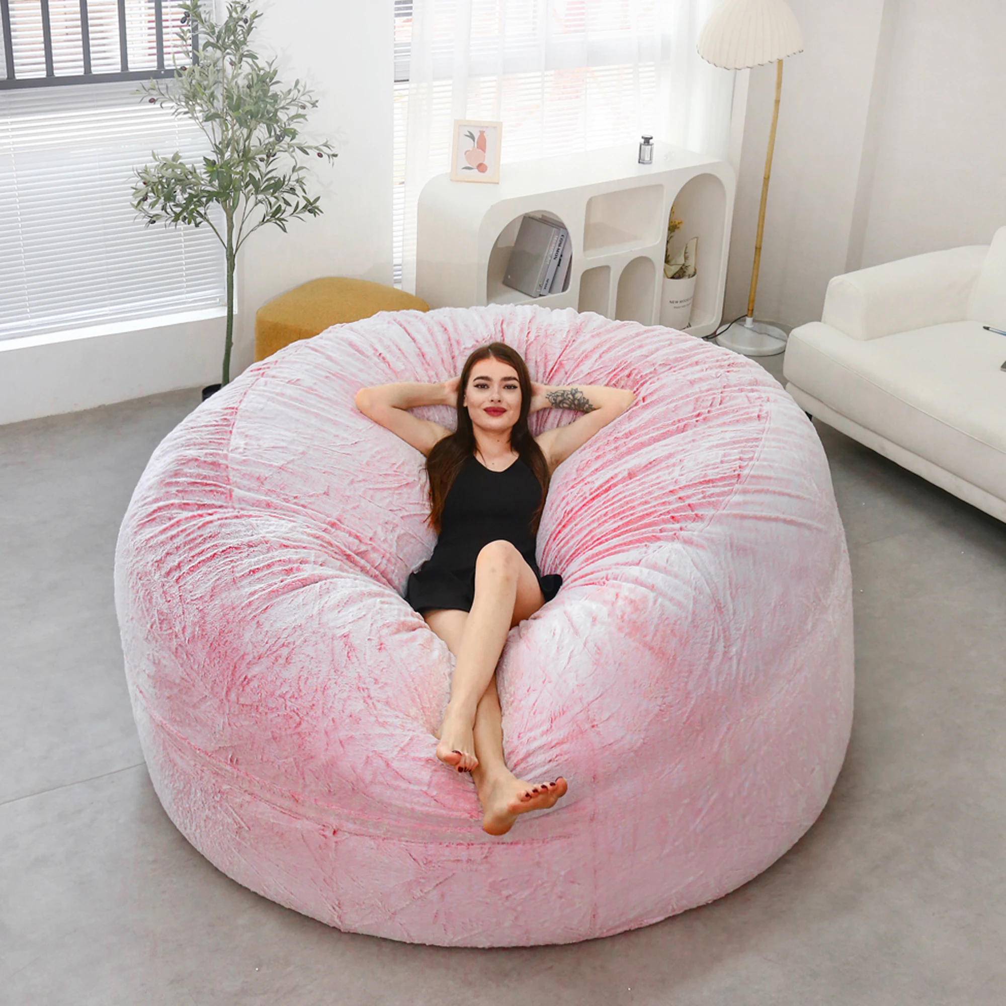 Dropshipping büyük yuvarlak 7ft şişme koltuk rahat yumuşak dev kabarık sahte BeanBag tembel çekyat kapak Recliner Pouf - Görsel 3