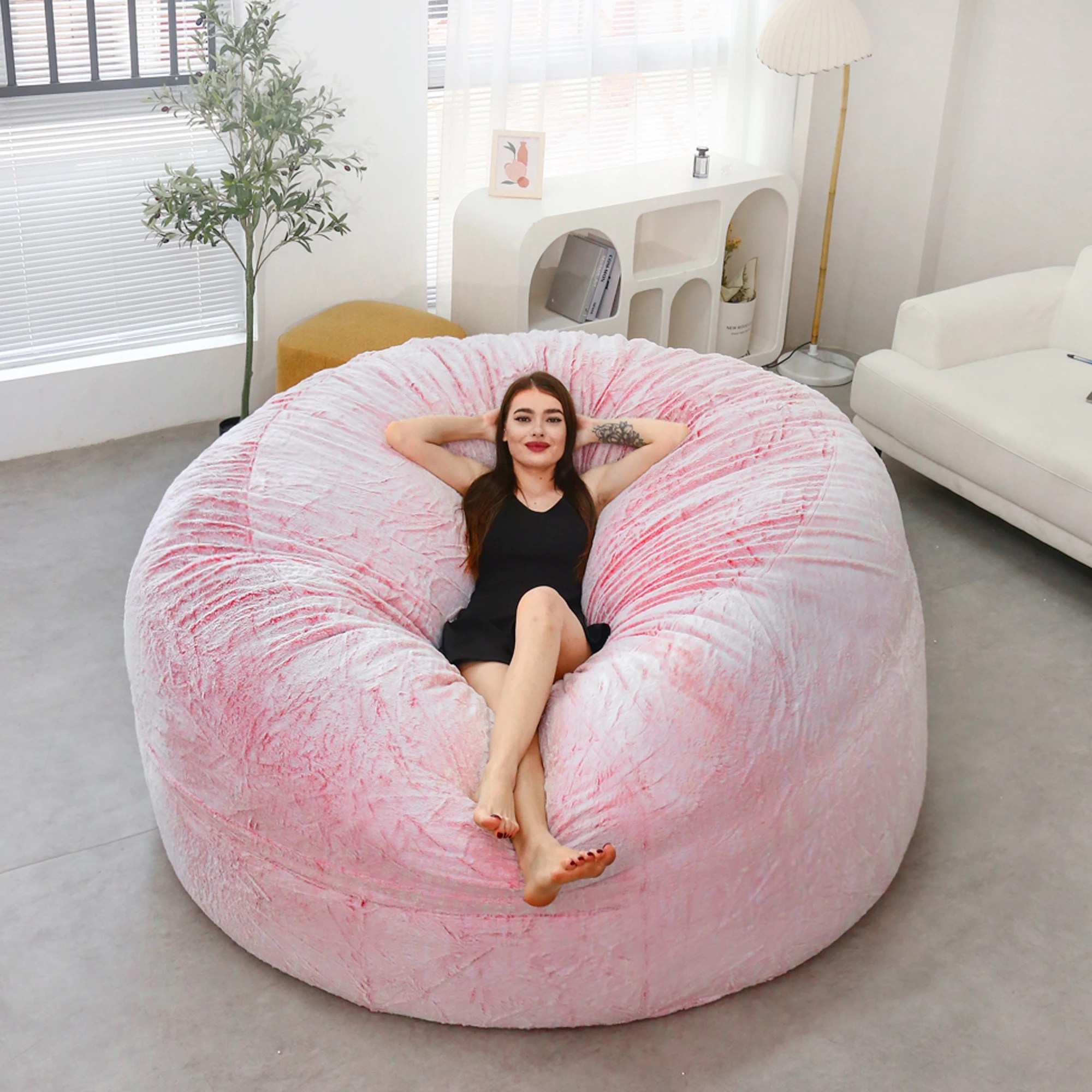 Dropshipping büyük yuvarlak 7ft şişme koltuk rahat yumuşak dev kabarık sahte BeanBag tembel çekyat kapak Recliner Pouf - Görsel 3