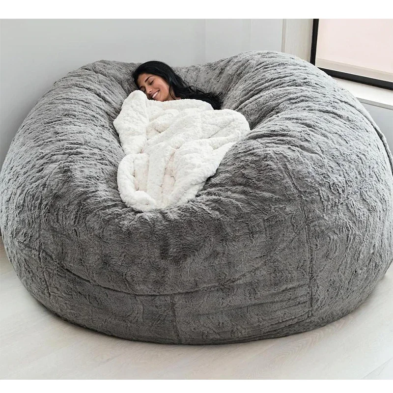 Dropshipping büyük yuvarlak 7ft şişme koltuk rahat yumuşak dev kabarık sahte BeanBag tembel çekyat kapak Recliner Pouf