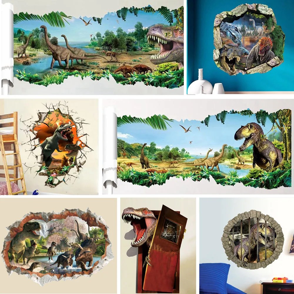 Duvar çıkartmaları 3d çocuklar için dinozor odası yatak odası ev dekorasyon Jurassic dönem hayvan duvar sanatı Diy Safari çıkartması Pvc afiş