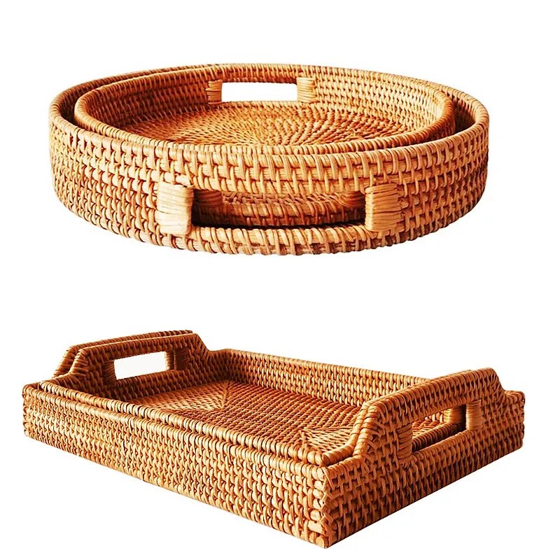 Eko Firendly Rattan depolama tepsisi Handwoven hasır sepet ekmek aperatif yiyecek tabağı meyve kek tabağı yemek servis tepsisi çay tepsisi