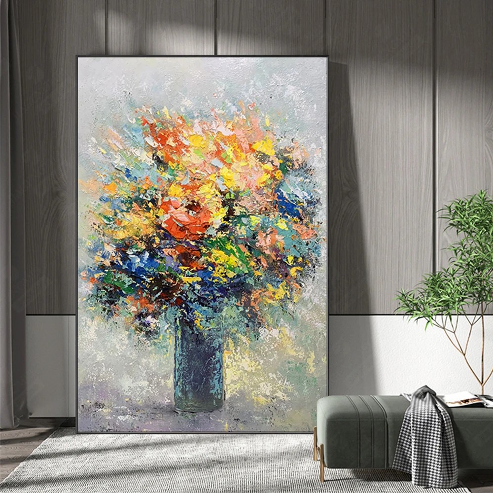 El boyalı çiçek sanat yağlıboya tuval üzerine el yapımı soyut 3D bıçak çiçek boyama duvar sanat resmi Modern ev dekor