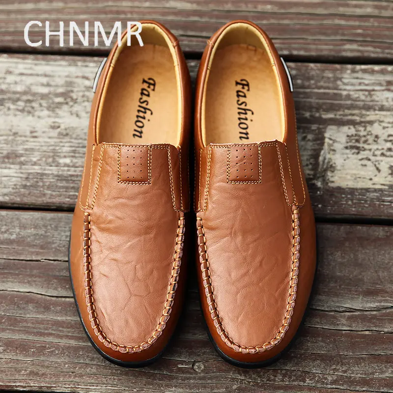 Erkekler için CHNMR-S iş günlük ayakkabı büyük boy Slip-on loafer'lar rahat moda hakiki deri