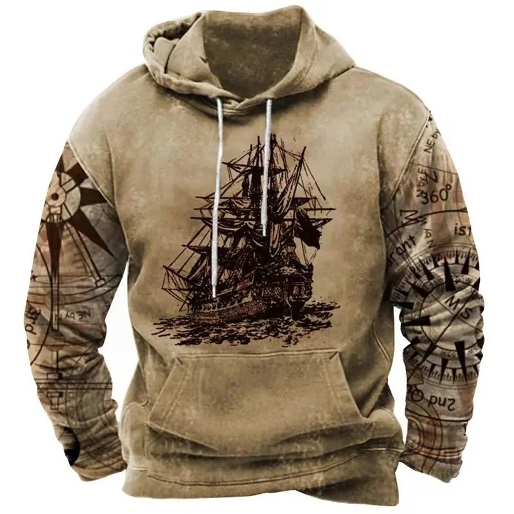 Erkekler için sonbahar Hoodies 3d denizcilik baskı uzun kollu kazak Retro moda rahat erkekler kapşonlu sokak boy Hoody kazak
