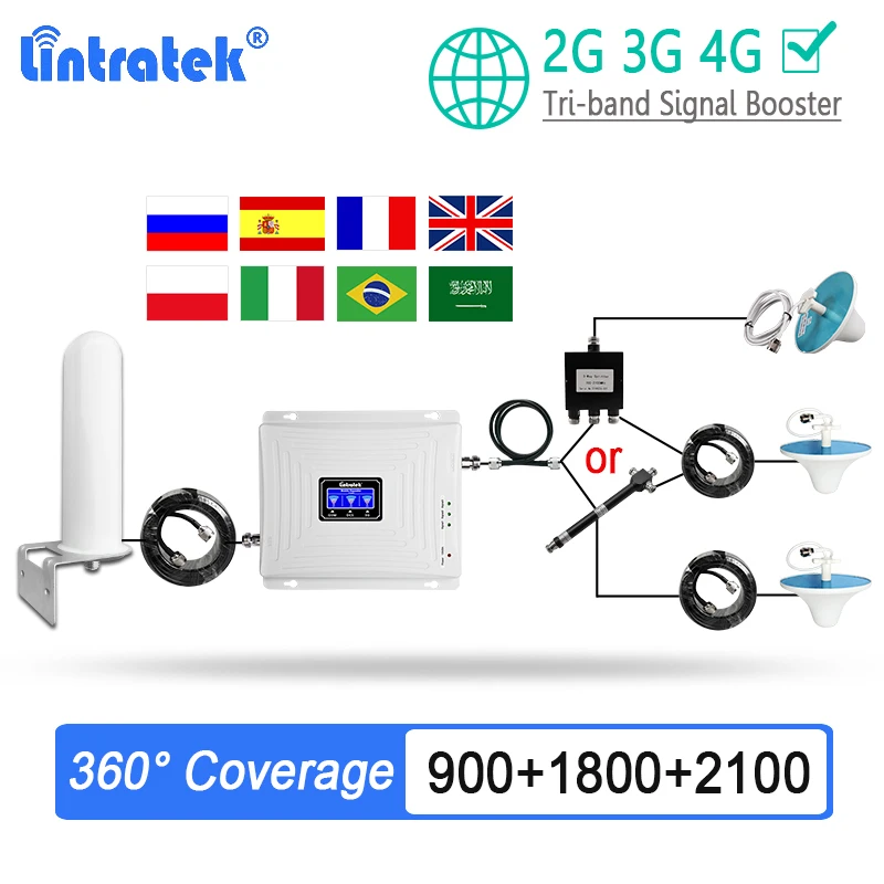 Hücresel LTE sinyal güçlendirici Lintratek 2G 3G 4G Tri bant tekrarlayıcı GSM 900 1800 2100MHz Internet sinyal amplifikatörü 360 ° kapsama