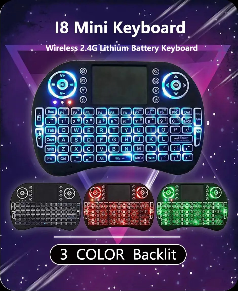 I8 Mini klavye kablosuz 2.4G 3 renk aydınlatmalı İngilizce hava fare uzaktan Touchpad için Android TV kutusu adet