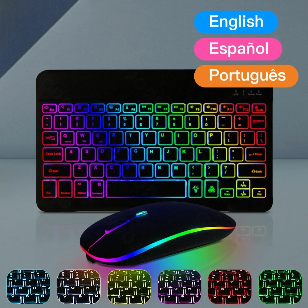 IPad klavye ve fare arka ışık için 10 inç arkadan aydınlatmalı Bluetooth klavye IOS Android Windows için kablosuz klavye ve fare