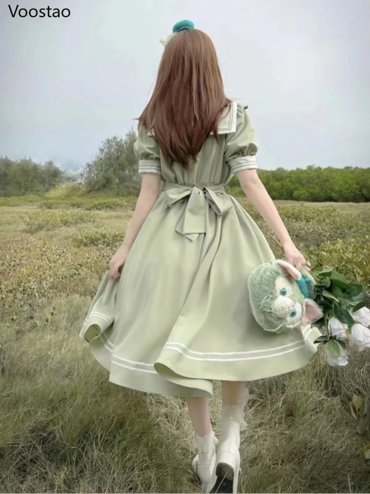 Japon yumuşak kardeş sevimli Lolita elbise kadınlar tatlı puf kollu ince öğrenci elbiseler parti Retro fiyonk Salior yaka Vestidos