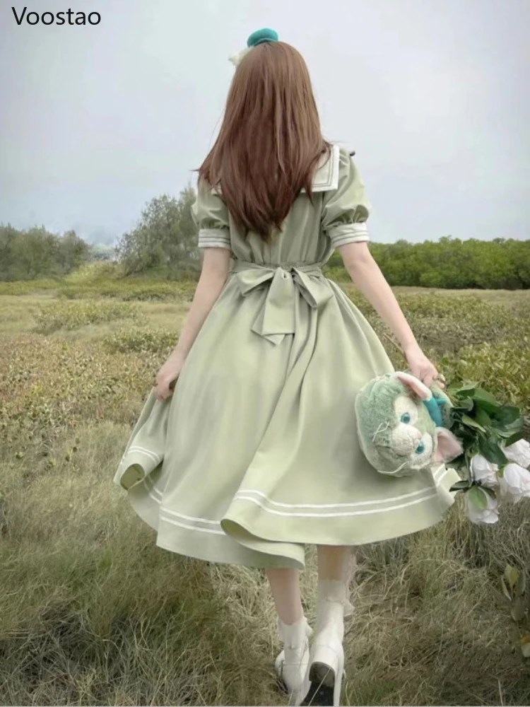 Japon yumuşak kardeş sevimli Lolita elbise kadınlar tatlı puf kollu ince öğrenci elbiseler parti Retro fiyonk Salior yaka Vestidos - Görsel 2