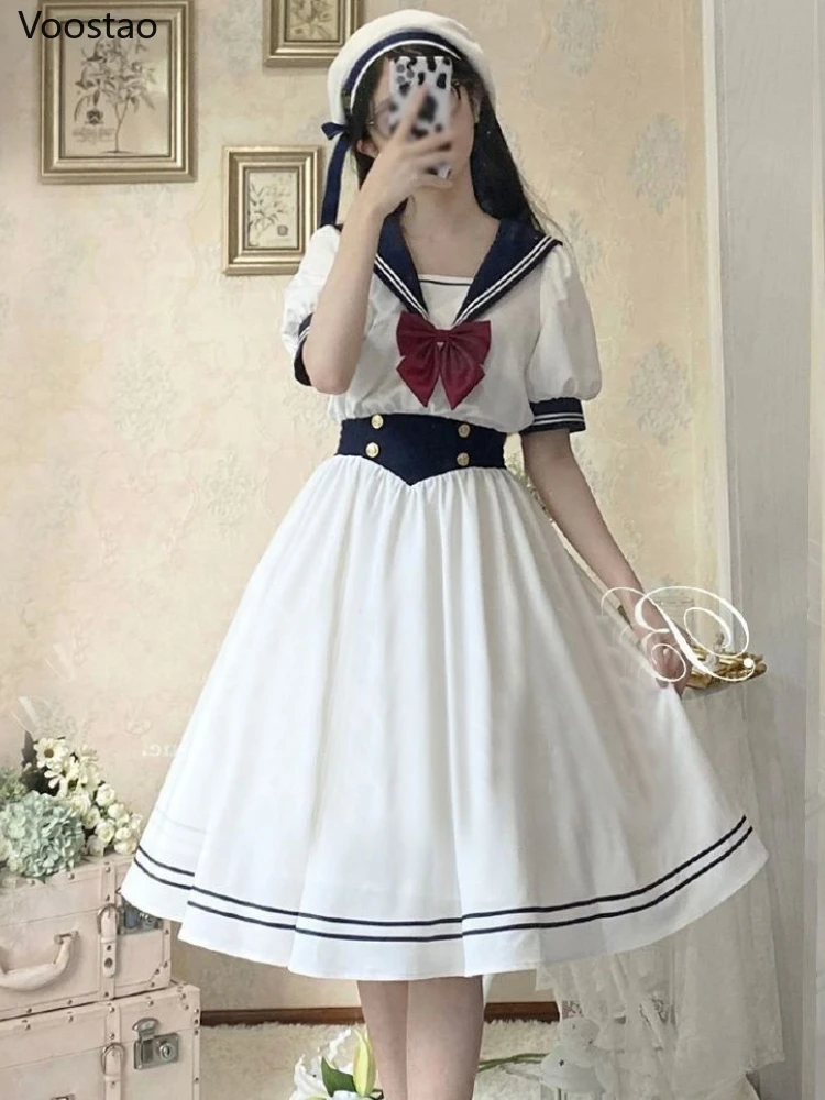 Japon yumuşak kardeş sevimli Lolita elbise kadınlar tatlı puf kollu ince öğrenci elbiseler parti Retro fiyonk Salior yaka Vestidos