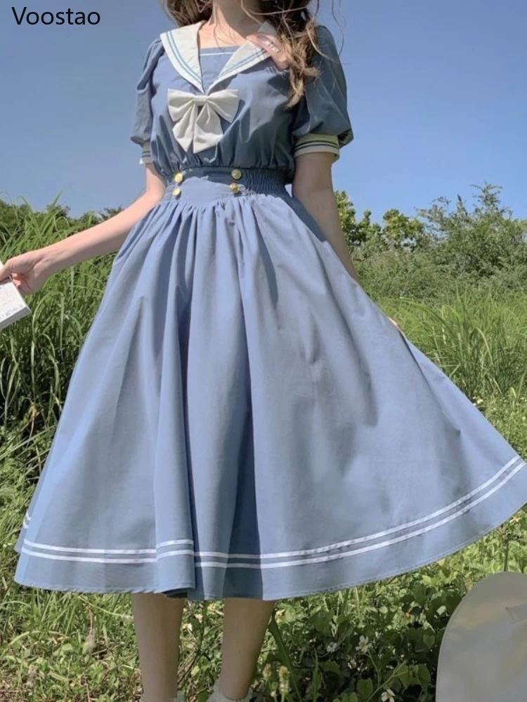 Japon yumuşak kardeş sevimli Lolita elbise kadınlar tatlı puf kollu ince öğrenci elbiseler parti Retro fiyonk Salior yaka Vestidos