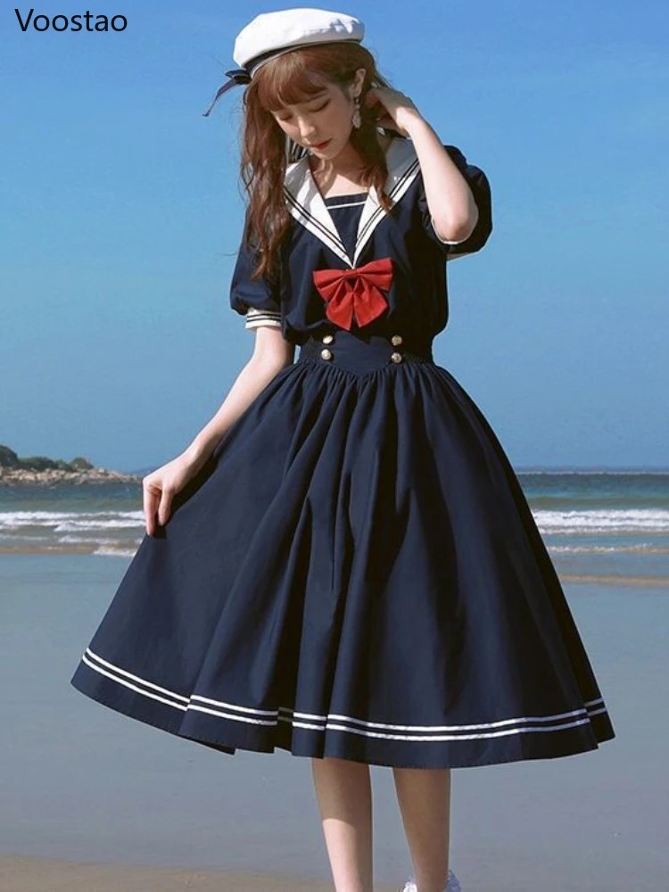 Japon yumuşak kardeş sevimli Lolita elbise kadınlar tatlı puf kollu ince öğrenci elbiseler parti Retro fiyonk Salior yaka Vestidos - Görsel 6