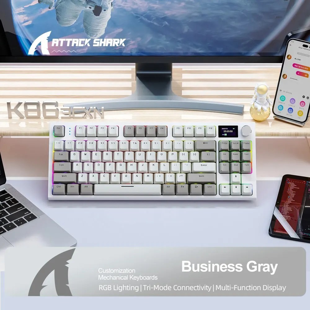 K86 kablosuz çalışırken değiştirilebilir mekanik klavye Bluetooth/2.4g ekran ve oyun ve iş için ses döner düğme