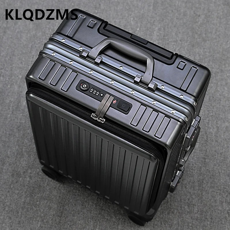 KLQDZMS 20 "22" 24 "26 inç bagaj yeni ön açılış alüminyum çerçeve tekerlekli çanta evrensel iş yatılı kutusu haddeleme bavul
