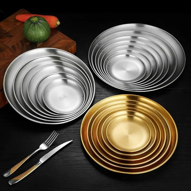 Kalınlaşmış paslanmaz çelik altın yuvarlak meyve tabağı kek tabağı kemik tepsisi barbekü plaka düz alt sığ tepsi (26cm)