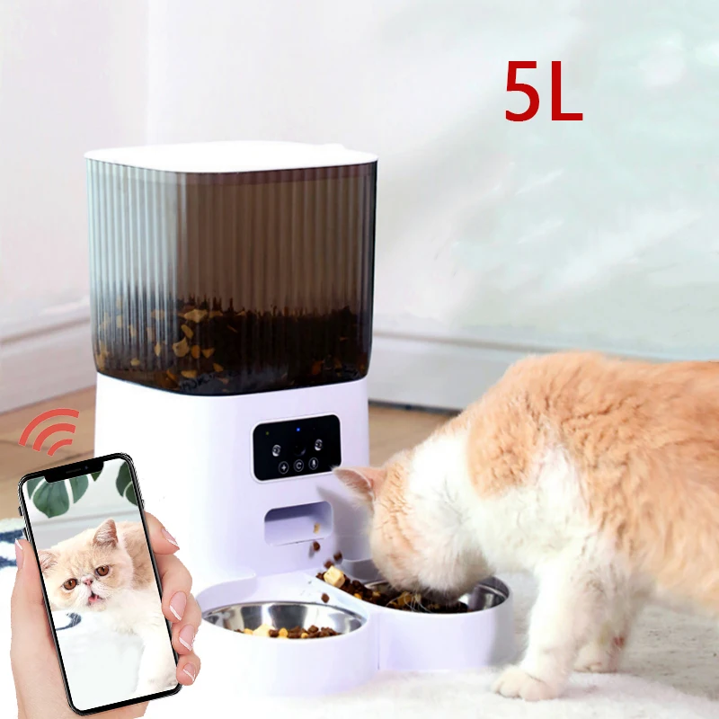 Kamera ile Pet otomatik besleyici köpek kedi maması dağıtıcı akıllı interaktif besleme makinesi 5L oto besleyici