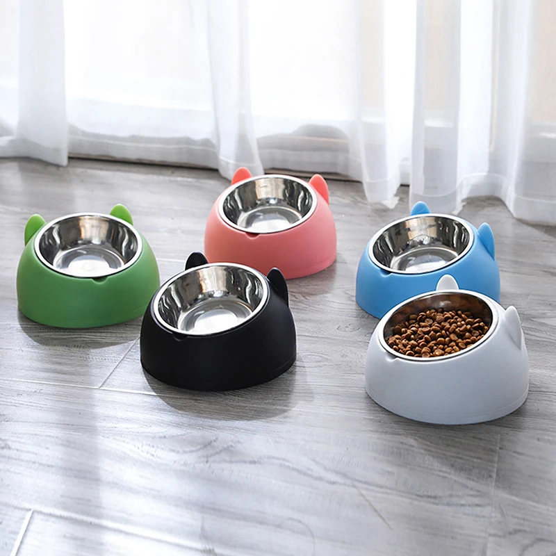 Kedi köpek kase 15 derece yükseltilmiş paslanmaz çelik kaymaz yavru taban kedi maması içme suyu besleyici Tilt korunma boyun hayvan mama kabı