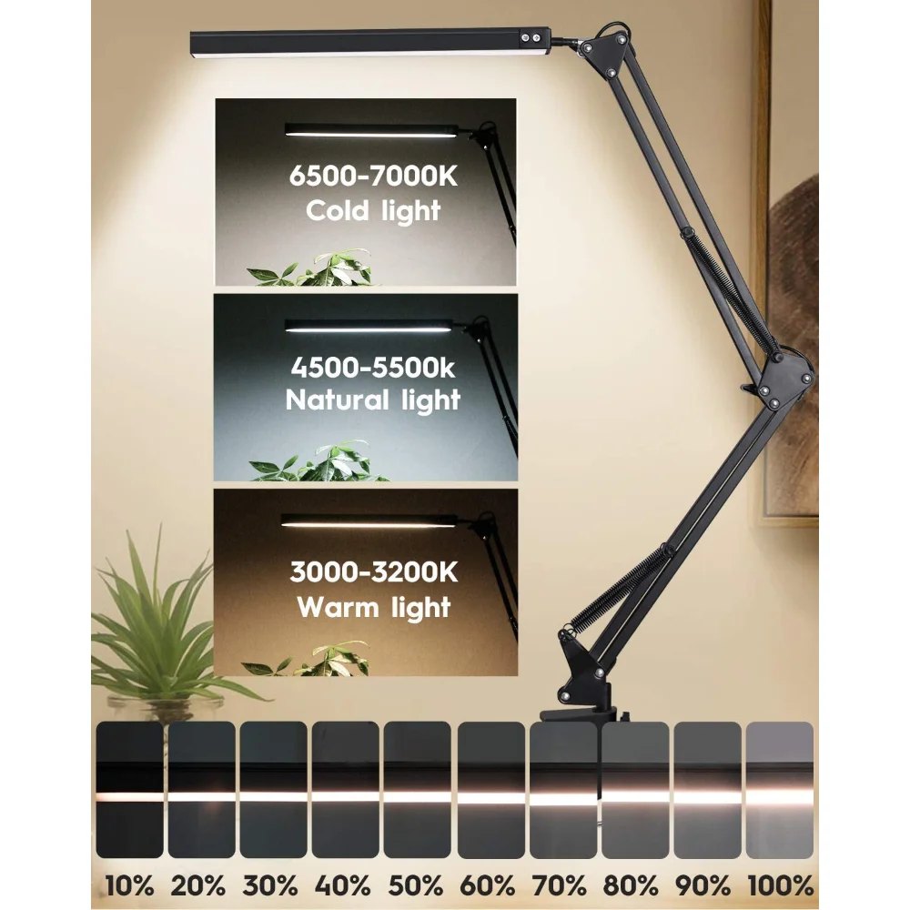 Kelepçe ile LED masa lambası 10W salıncak kolu masa lambası göz bakımı kısılabilir masa ışığı 10 parlaklık seviyesi, 3 aydınlatma modu