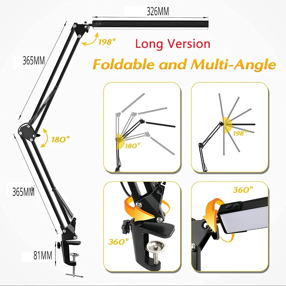 Kelepçe ile LED masa lambası 10W salıncak kolu masa lambası göz bakımı kısılabilir masa ışığı 10 parlaklık seviyesi, 3 aydınlatma modu