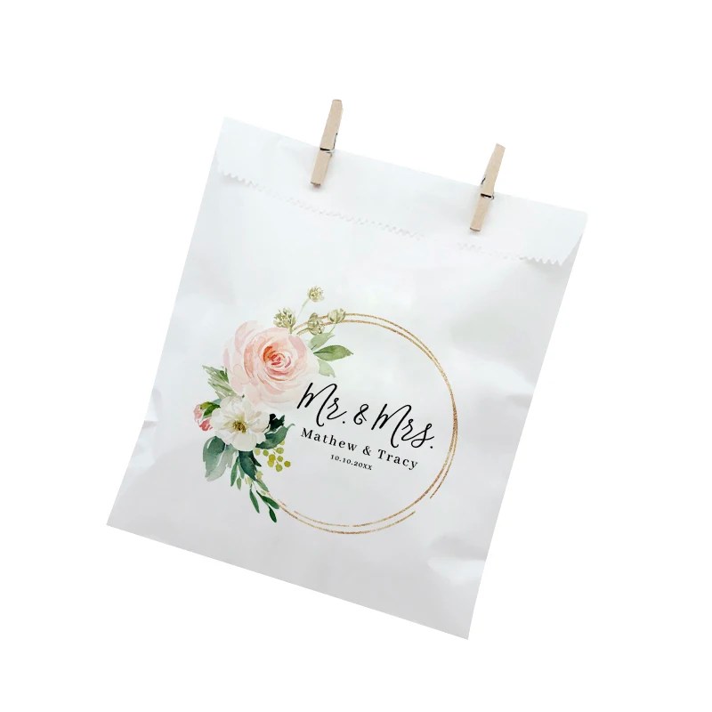 Kişiselleştirilmiş allık pembe Florals Modern botanik düğün Favor çanta, özel adı tarih beyaz/Kraft çerez ve hediye Favor çanta