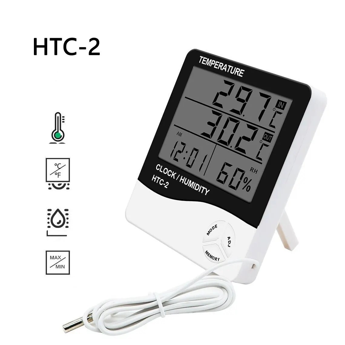 LCD dijital sıcaklık nem ölçer HTC-2 ev kapalı açık higrometre termometre hava istasyonu ile saat
