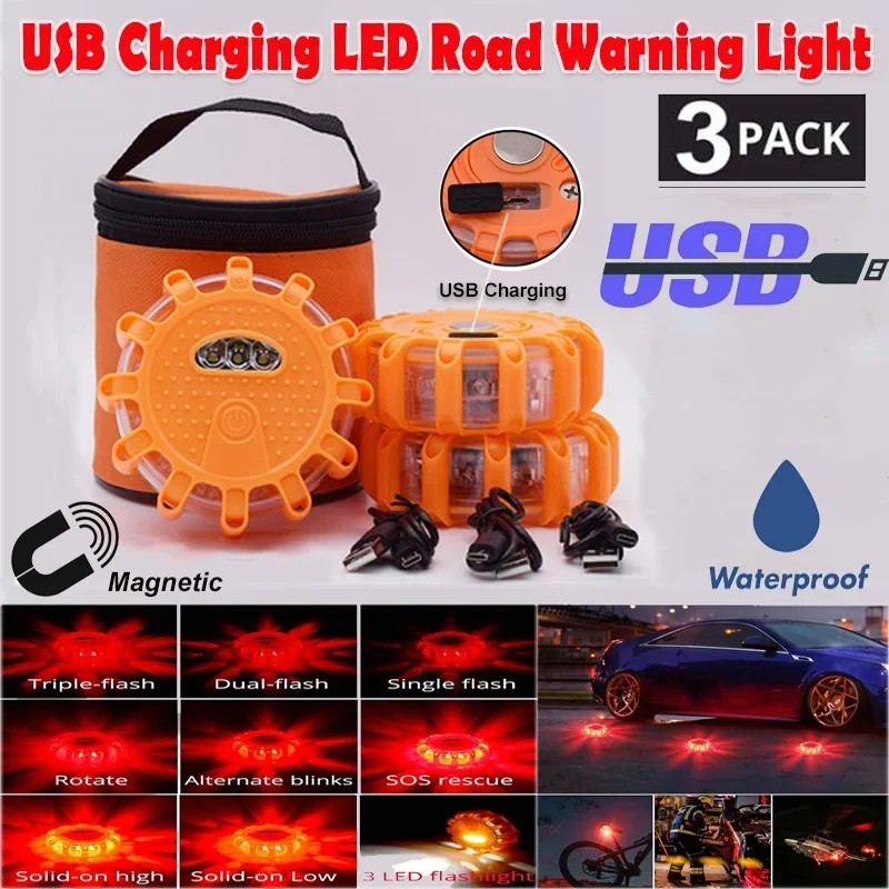 LED acil ışıkları Flare 9 modu güvenlik uyarı USB şarj edilebilir yanıp sönen lamba kırmızı Strobe kamyon araç araba için Dash işık