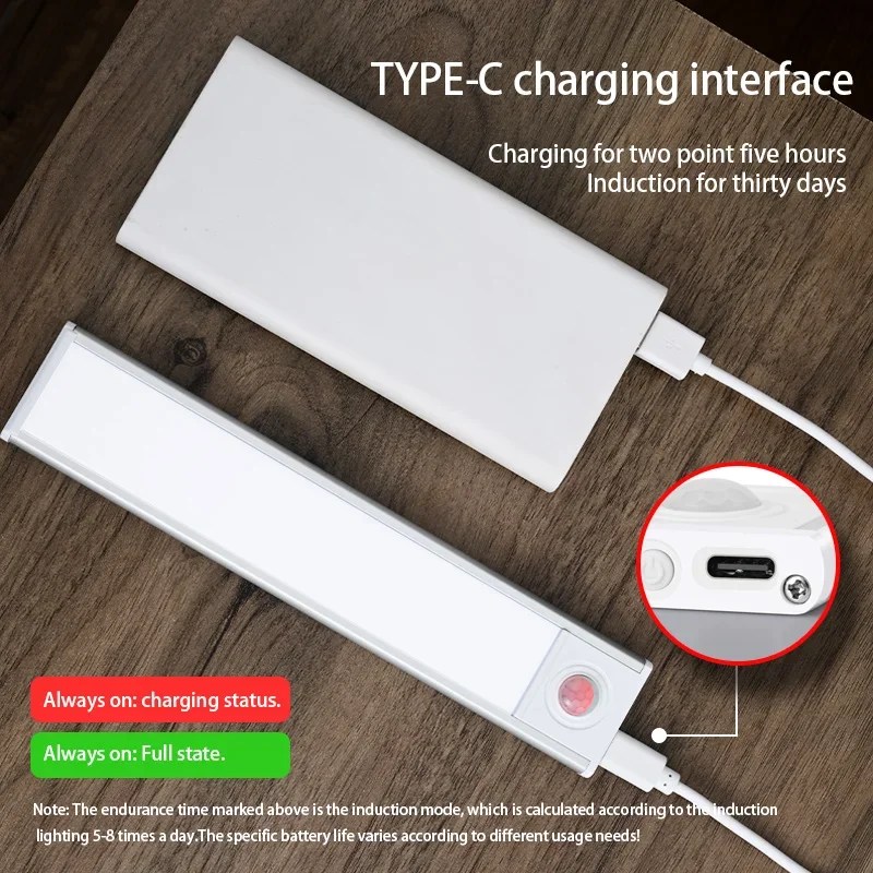 LED gece lambası hareket sensörü kablosuz USB kabine gece lambası dolap lambası mutfak dolabı yatak odası gardırop için 20/30/40/60CM - Görsel 2