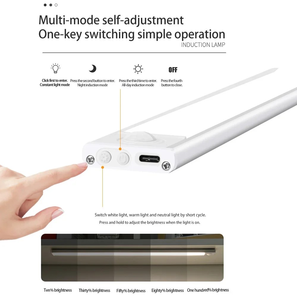 LED gece lambası hareket sensörü kablosuz USB kabine gece lambası dolap lambası mutfak dolabı yatak odası gardırop için 20/30/40/60CM - Görsel 4