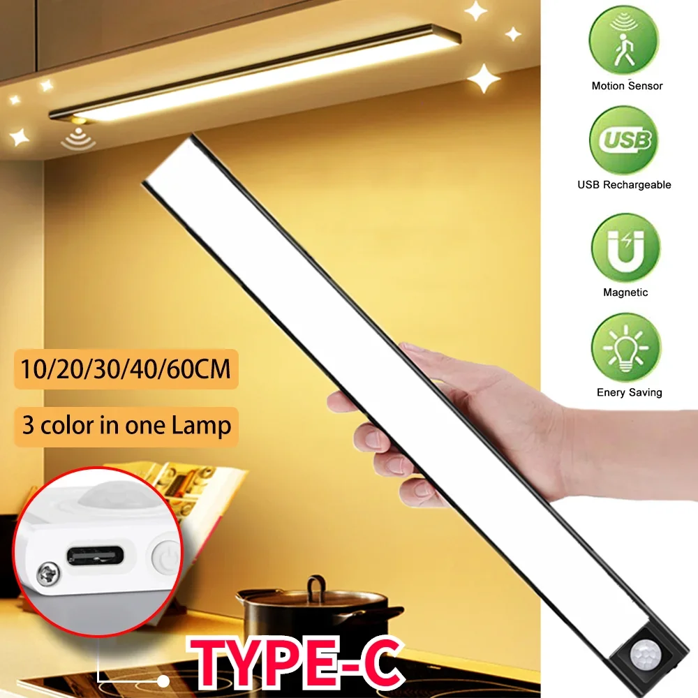 LED gece lambası hareket sensörü kablosuz USB kabine gece lambası dolap lambası mutfak dolabı yatak odası gardırop için 20/30/40/60CM