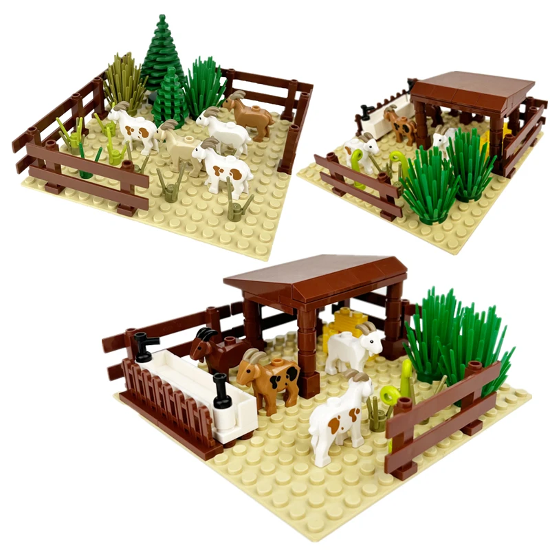 Lego ile uyumlu MOC küçük parçacık yapı taşı çiftlik çiftlik Sheepfold küçük keçi ağacı ev sahne bulmaca montaj oyuncak hediye