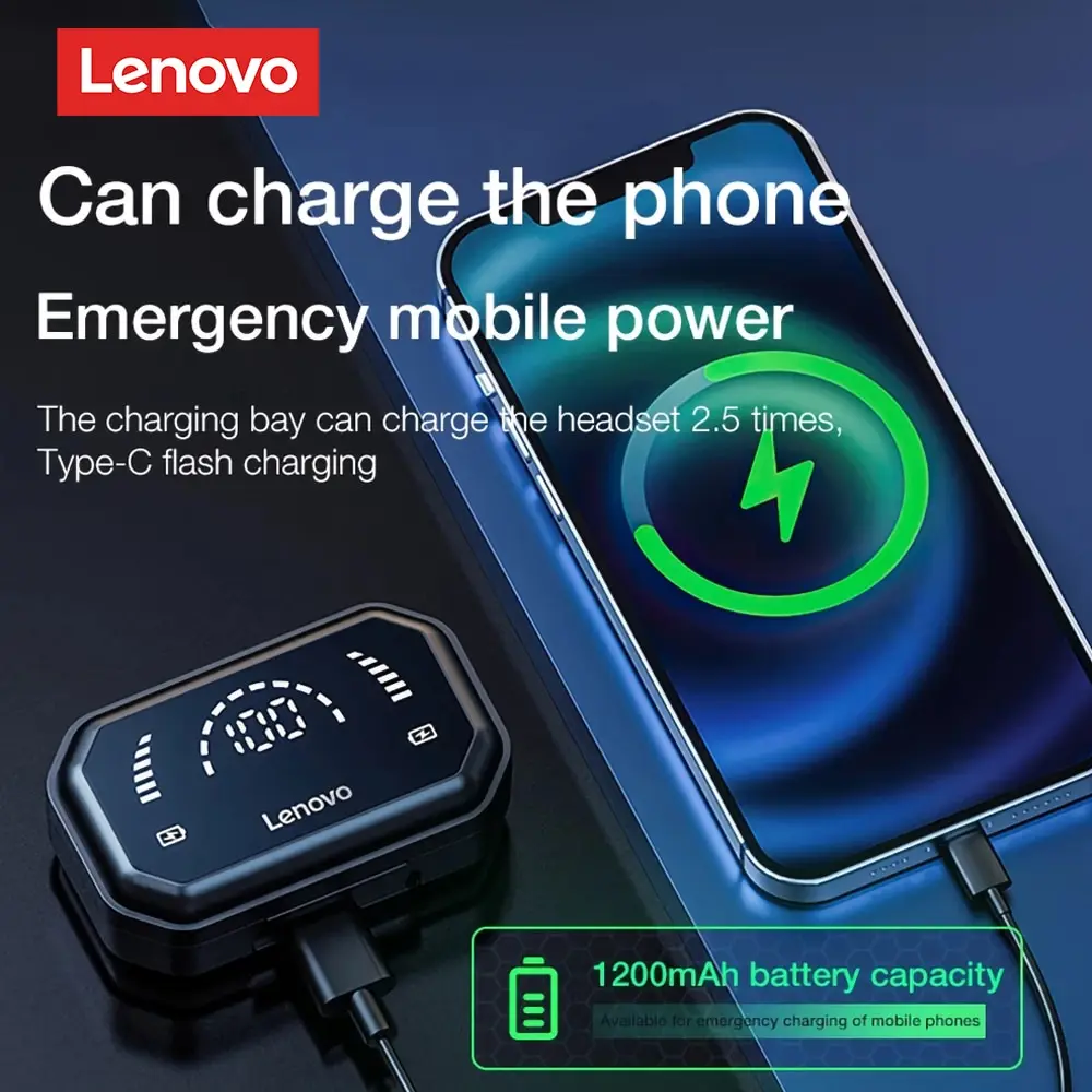 Lenovo LP3 Pro kulaklık TWS Bluetooth 5.0 kablosuz HIFI müzik kulaklık ekran 1200mAh pil kulaklıklar oyun kulaklıklar
