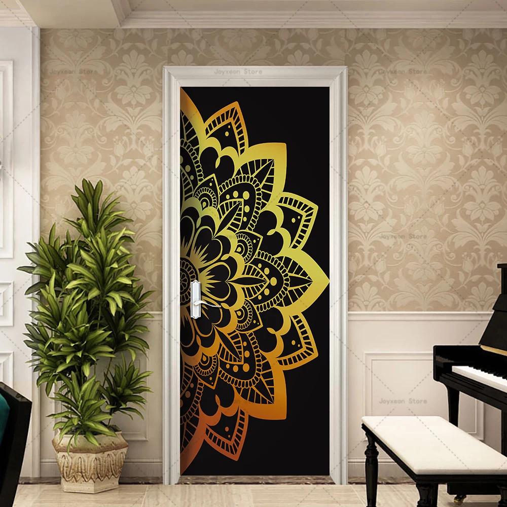 Mandala tarzı kapı Sticker vinil PVC su geçirmez kendinden yapışkanlı ev dekorasyon daire asansör kapı Sticker için uygun