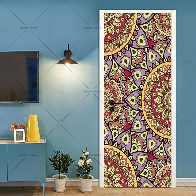 Mandala tarzı kapı Sticker vinil PVC su geçirmez kendinden yapışkanlı ev dekorasyon daire asansör kapı Sticker için uygun