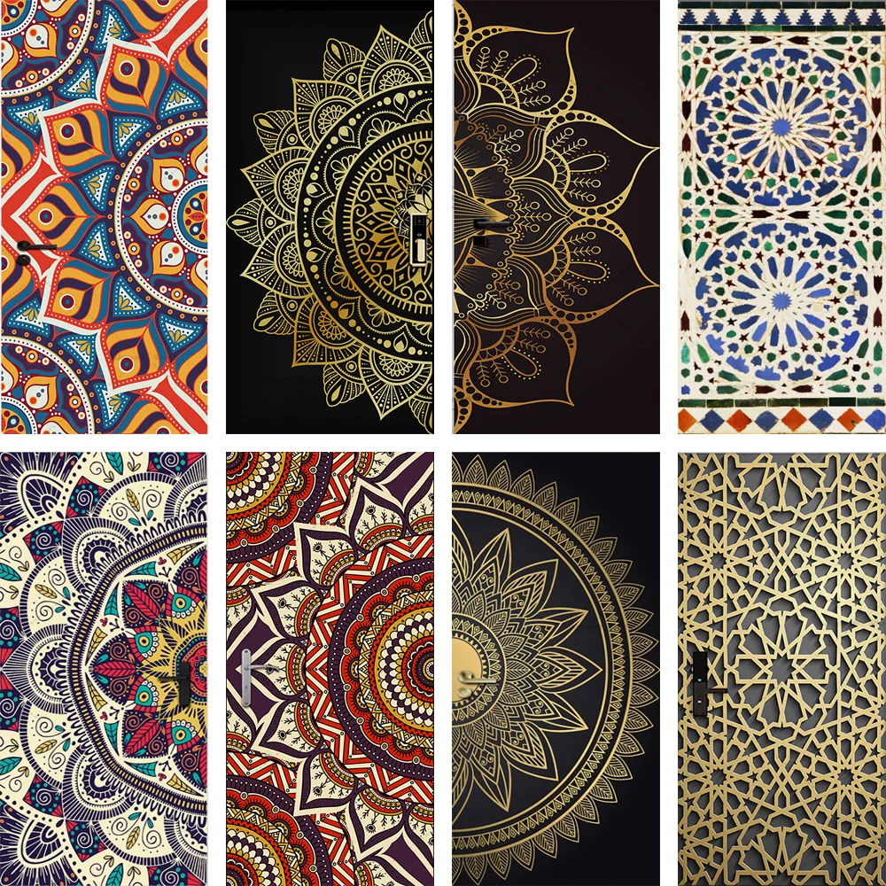 Mandala tarzı kapı Sticker vinil PVC su geçirmez kendinden yapışkanlı ev dekorasyon daire asansör kapı Sticker için uygun