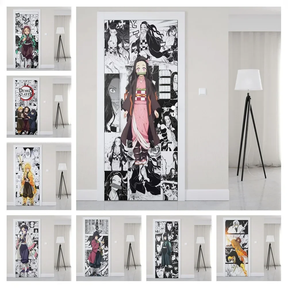 Manga iblis Slayer kapı Sticker dekorasyon duvar kapı duvar kağıdı sanat duvar çıkartmaları PVC Duer çıkartmalar Anime Poster buzdolabı dekor Gift3