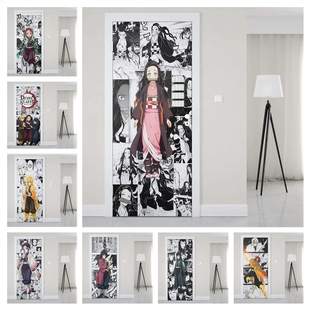 Manga iblis Slayer kapı Sticker dekorasyon duvar kapı duvar kağıdı sanat duvar çıkartmaları PVC Duer çıkartmalar Anime Poster buzdolabı dekor Gift3