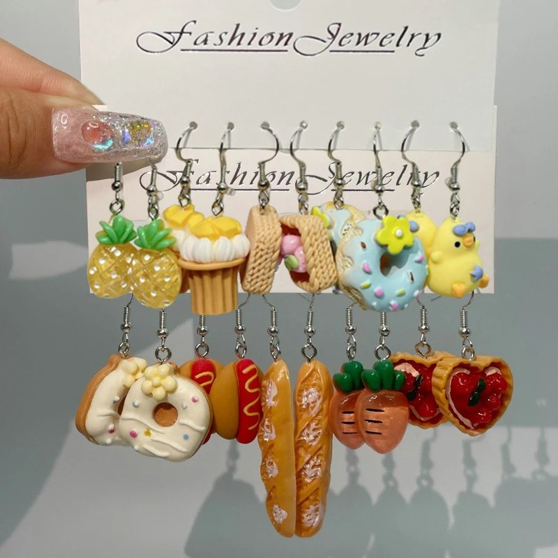 Moda tatlı meyve gıda damla küpe seti hayvan komik sevimli karikatür reçine küpe dondurma Donut içecek ördek kadın kız takı