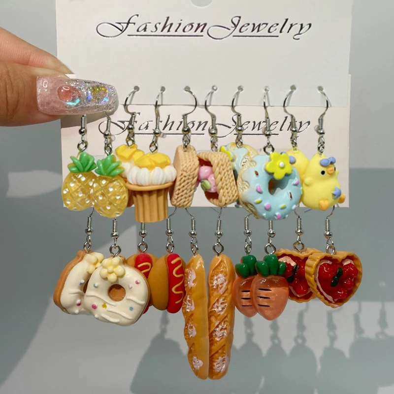 Moda tatlı meyve gıda damla küpe seti hayvan komik sevimli karikatür reçine küpe dondurma Donut içecek ördek kadın kız takı