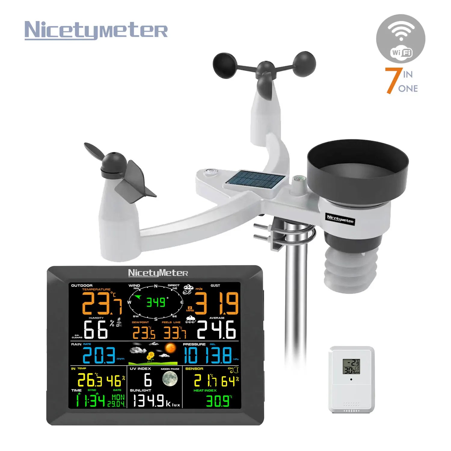 NicetyMeter 7-in-1 Wi-Fi hava İstasyonu güneş kapalı açık uzaktan izleme sistemi sıcaklık nem rüzgar hızı yönü