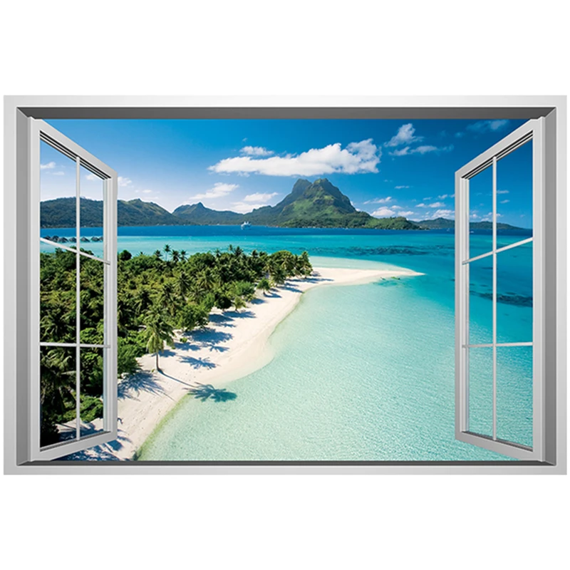 Okyanus görünüm duvar 3D duvar sanat plaj palmiye ağaçları sahte pencere vinil çıkartmalar ev dekorasyon deniz manzara Poster duvar kağıdı 90*60CM