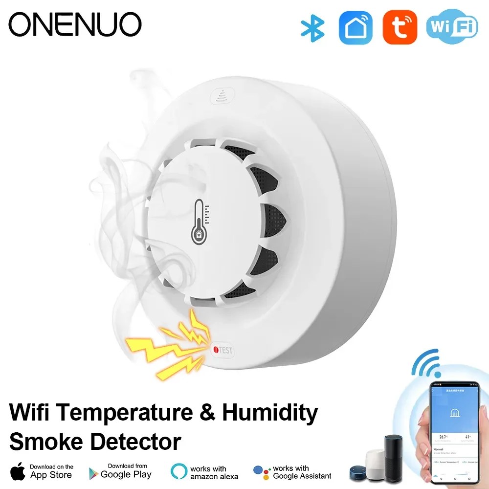 Onenalexa WiFi duman dedektörü Alarm yangın duman sıcaklık nem algılama 80dB ses ile Alexa Google ev Tuya akıllı yaşam için