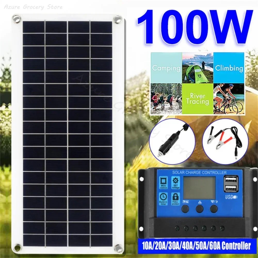 Otomobillerde açık pilleri şarj etmek için 12V USB ve 10-70A denetleyici güneş şarj paneli ile 100W esnek GÜNEŞ PANELI kiti
