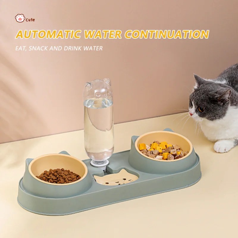 Pet kedi kase otomatik besleyici köpek maması kasesi ile su çeşmesi çift kase içme yükseltilmiş standı çanak kediler için çanaklar - Görsel 2
